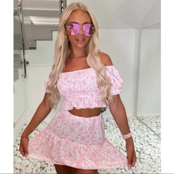 Pink Floral Print Short Sleeve Crop Top and High Waist Mini Skirt Two Piece Set - Picture 5 of 11